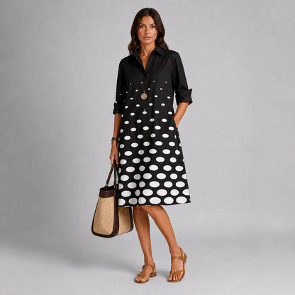 💖【S-5XL】Stylové a elegantní dlouhé šaty s potiskem, košilový límec, dlouhý rukáv, midi délka