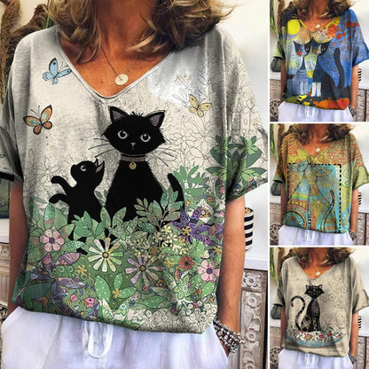 【S-5XL】 T-shirt z krótkim rękawem i dekoltem w kształcie litery V 3D z nadrukiem cyfrowym Nowy kot kreskówkowy dla kobiet 3686424