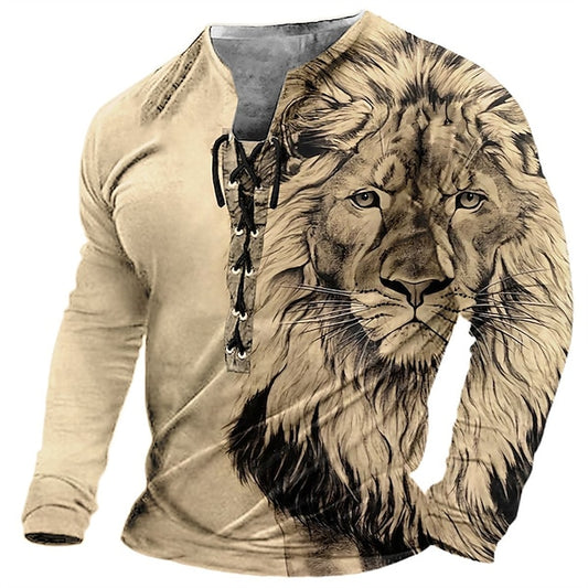 【S-4XL】 Ανδρικό μακρυμάνικο μπλουζάκι 3D Lion Print Casual