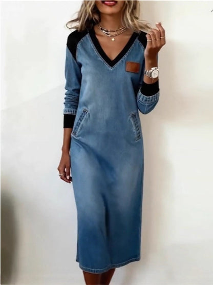 📢Sleva 50 %!!!【S-3XL】Nové módní džínové šaty s barevnými bloky-4201897