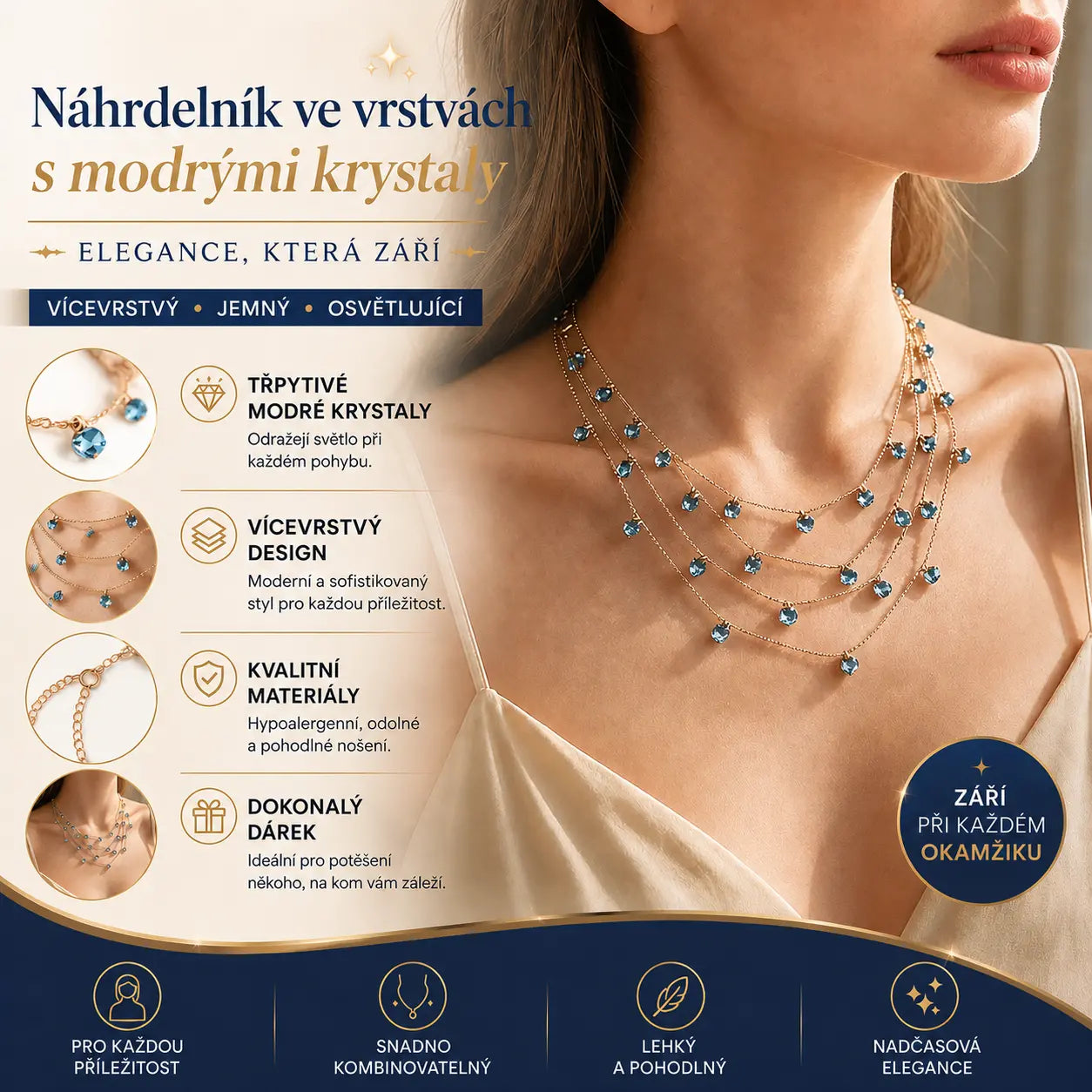 📢📢 Sleva 50 %! ✨ Dámský náhrdelník s přívěskem na klíční kost s vícevrstvým třpytivým designem