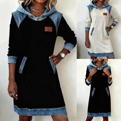 【S-3XL】🌷🌞Zimska nova modna jeans obleka s kapuco iz patchworka 4159861