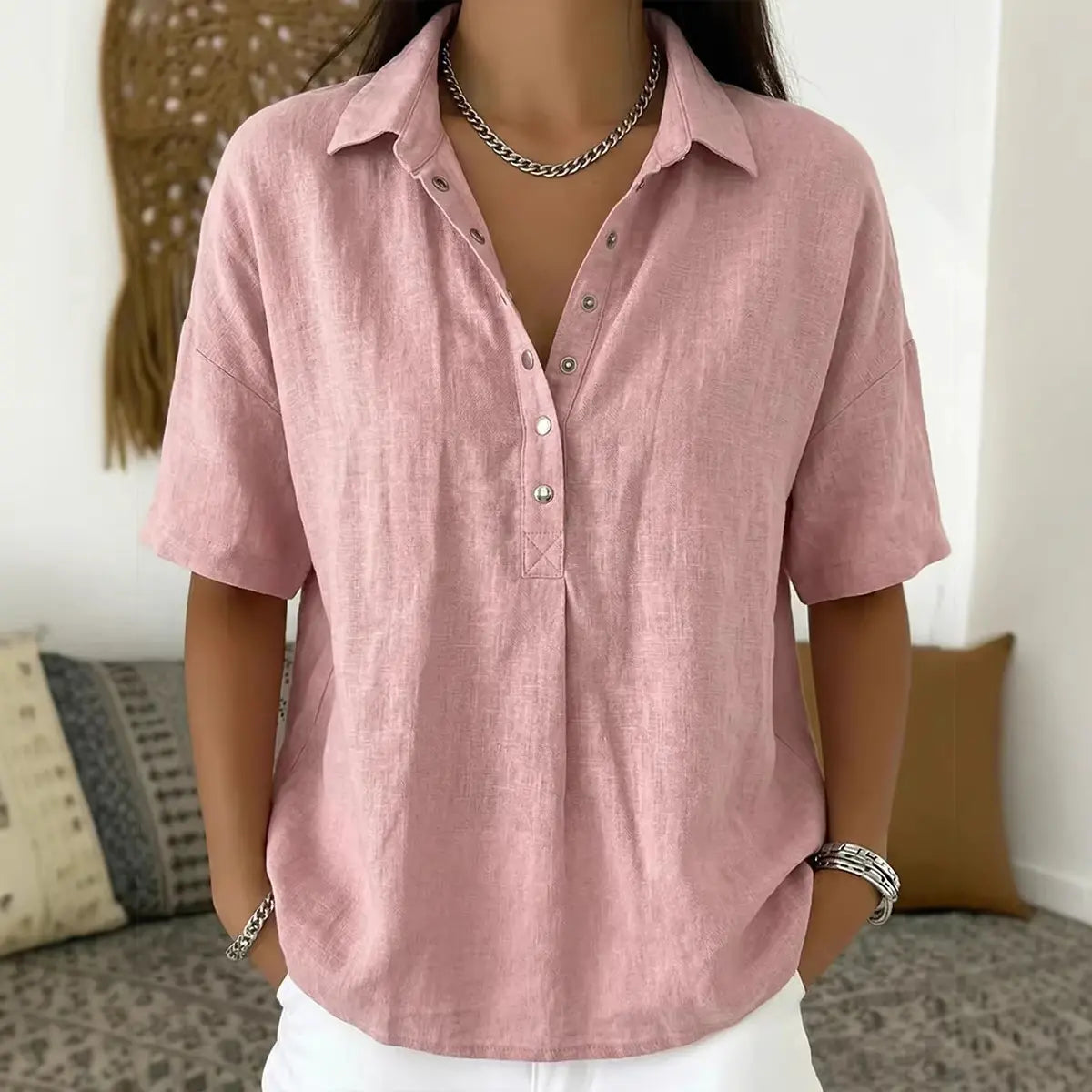 ⏳ Último día, -50%【S–3XL】Camisa mujer de algodón y lino manga corta, corte entallado, transpirable y cómoda, fácil de combinar