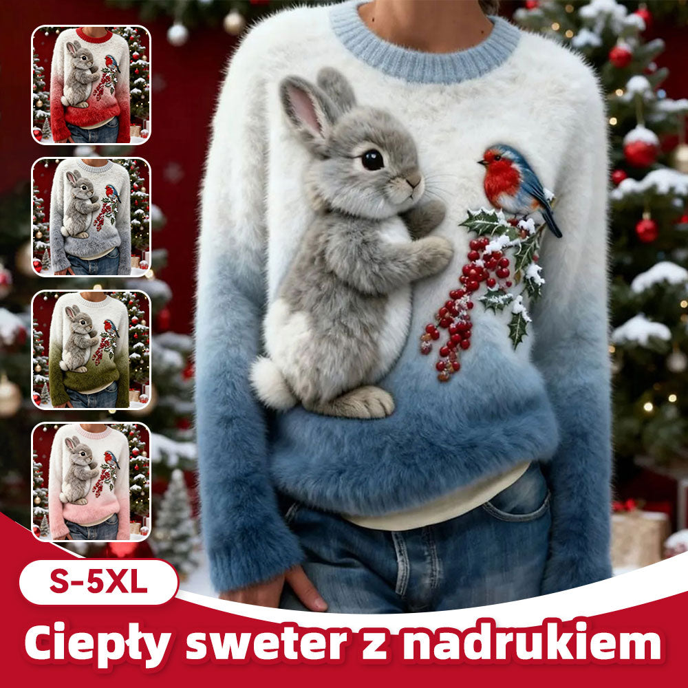 Nowy flanelowy sweter damski z okrągłym dekoltem, drukowany cyfrowo w technologii 3D-4199937