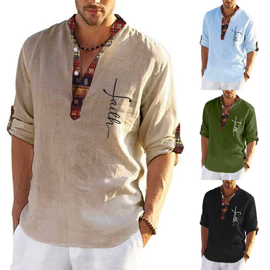 🔥Promocja ograniczona czasowo🔥Męska lniana, bawełniana koszula z nadrukiem i dekoltem w kształcie litery V-3906378