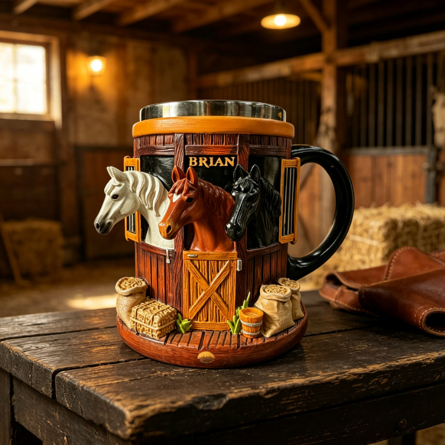 🐎3D hrnek na kávu s tématem farmy a koňské stáje, hrnek z nerezové oceli s trojrozměrným reliéfem, ideální dárek pro milovníky koní.⏳Dobírka