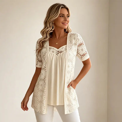 👚 S–4XL Elegantní halenky 2 v 1 s krajkou a síťovinou – zeštíhlující střih proti bříšku, 5 barev, velikosti! 🌸✨