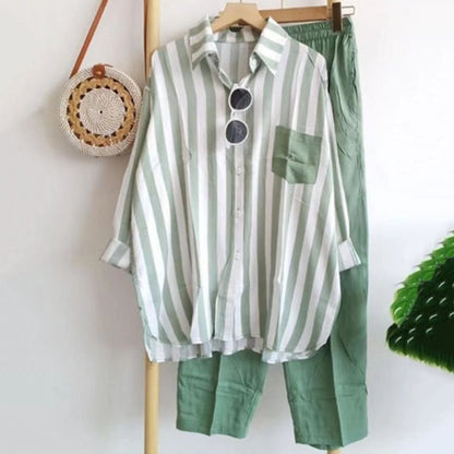 ⏳✨【S-5XL】Nová módní ležérní souprava (pruhovaná košile s potiskem + kalhoty)