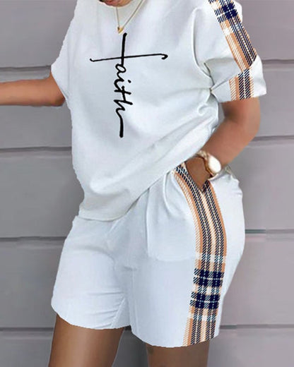 😍 【Top + spodenki】 Damskie, letnie modne bluzki z okrągłym dekoltem i luźne szorty-3708892
