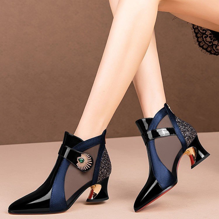 【34-43】Primavera nueva moda hueco de malla botas de tacón alto