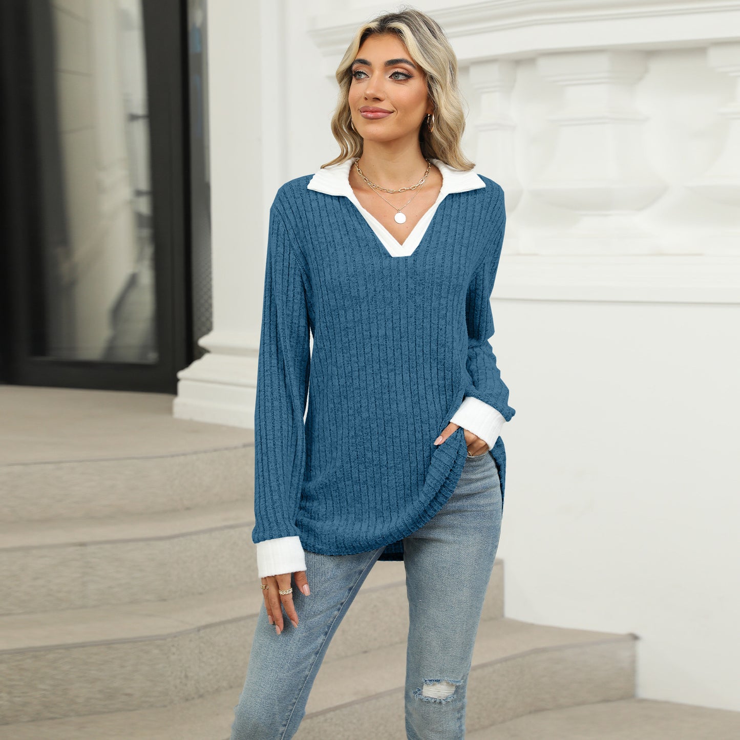 【S-2XL】Nový dámský volný top s dlouhým rukávem a límečkem 4187100