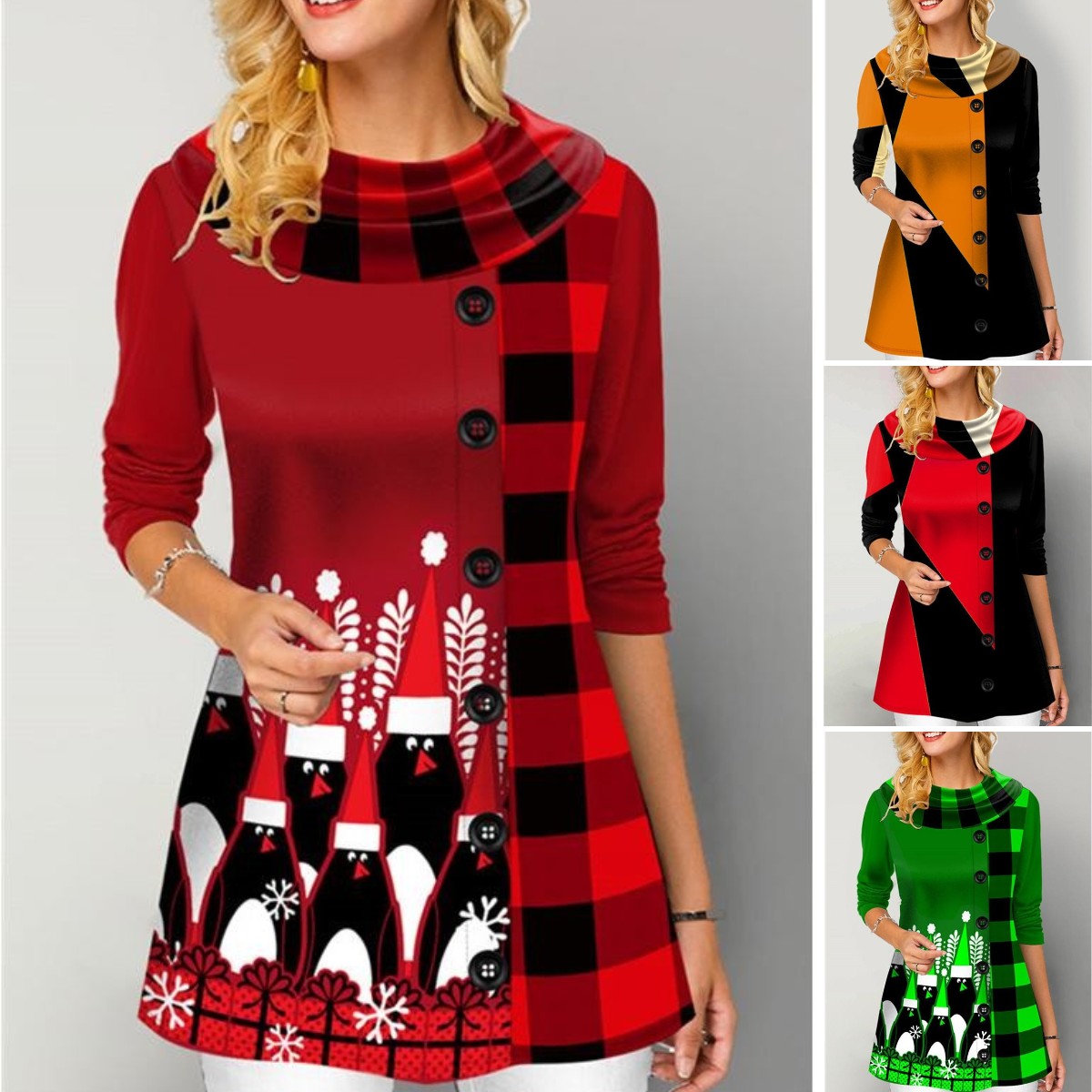 🔥🎄【S-5XL】2024 Nowy Świąteczny Ciepły Bawełniany Wygodny Casual Drukowany Modny damski top z długim rękawem-3840915