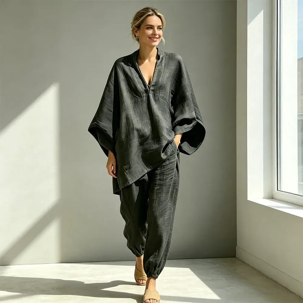 【S-3XL】👗✨ Souprava s volným výstřihem a širokým lemem, netopýřími rukávy, ležérní design, volný střih, ideální pro každodenní nošení - pohodlná a všestranná ✨🌸