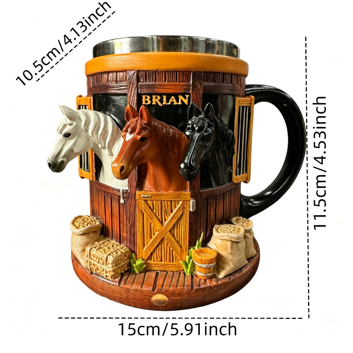 🐎3D hrnek na kávu s tématem farmy a koňské stáje, hrnek z nerezové oceli s trojrozměrným reliéfem, ideální dárek pro milovníky koní.⏳Dobírka