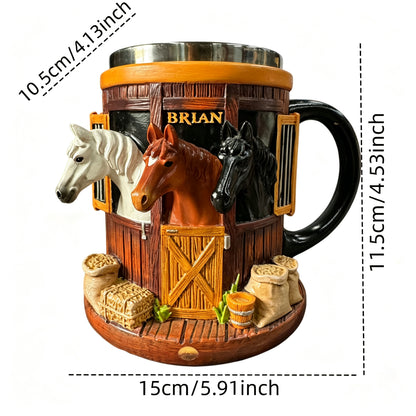 🐎3D hrnek na kávu s tématem farmy a koňské stáje, hrnek z nerezové oceli s trojrozměrným reliéfem, ideální dárek pro milovníky koní.⏳Dobírka