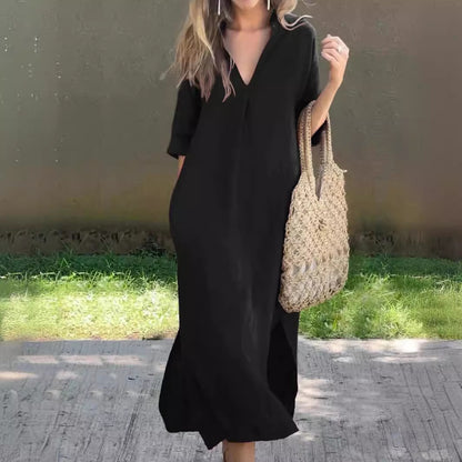 💃💋【50% zniżki 🔥】【S–3XL】Długa lniana spódnica z dekoltem w serek i rozcięciem, wygodna i lekka, idealna na lato-4262267
