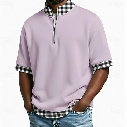 [S-3XL] Polo de manga corta para hombre, de algodón puro — Cuello con media cremallera, diseño de doble capa y costuras a cuadros.