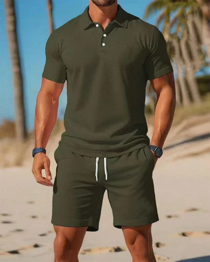 [S-3XL] Pánská letní ležérní sportovní souprava – jednobarevná polokošile s krátkým rukávem a kraťasy, 2 díly