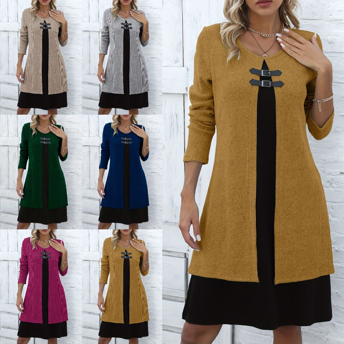 🔥💃【S-3XL】✨✨Nowa modna i elegancka zimowa sukienka sweterkowa w bloki kolorów 4181975