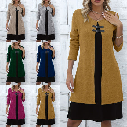 🔥💃【S-3XL】✨✨Nowa modna i elegancka zimowa sukienka sweterkowa w bloki kolorów 4181975