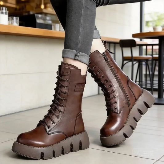 Limitovaná nabídka 42% sleva 🔥👢【35-40】Vysoce kvalitní ručně vyráběné dámské měkké kožené kozačky s tlustou podrážkou, podzim–zima nová kolekce