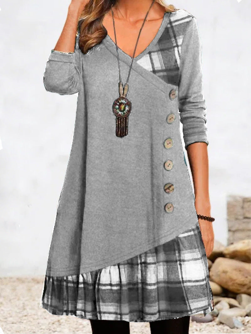 💟【Jesienne nowości】👗【S-3XL】 2024 Nowa elegancka sukienka w kratę z dekoltem w kształcie litery V, z długim rękawem-3800447