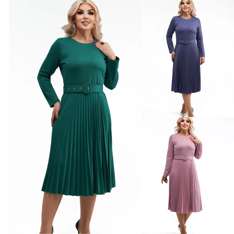 ✨【S-5XL】👗2025 jesień i zima nowa moda elegancka wysokiej jakości jednokolorowa plisowana sukienka-3861007