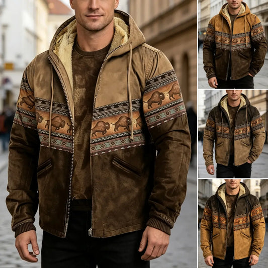 🔥【M–3XL】Nová pánská retro bunda s potiskem – nadměrný střih, hřejivá fleecová podšívka