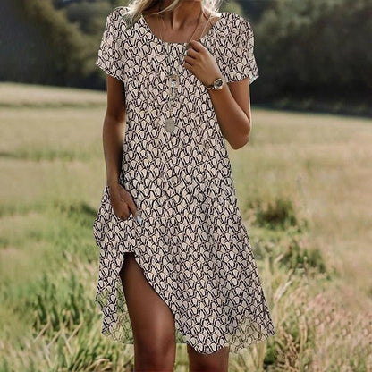 🛒📣【Promocja】💖【S-3XL】👗Nowa sukienka swobodna z okrągłym dekoltem i nadrukiem na wiosnę i lato
