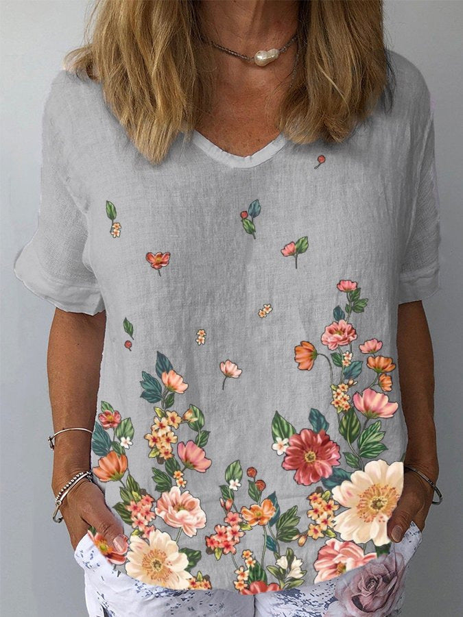 💐🌈T-shirt z krótkim rękawem i bawełnianą lnianą nadrukiem w kwiaty-3984791