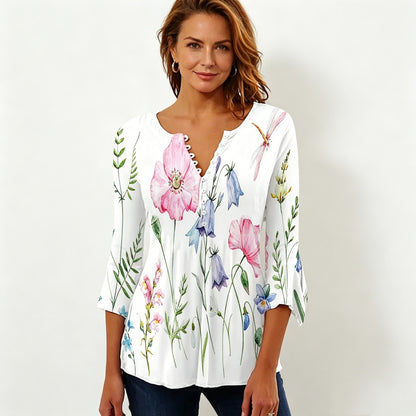 [S–5XL] Άνετα & Casual Γυναικεία Ρούχα: Μπλούζα με V λαιμόκοψη, με φλοράλ σχέδια