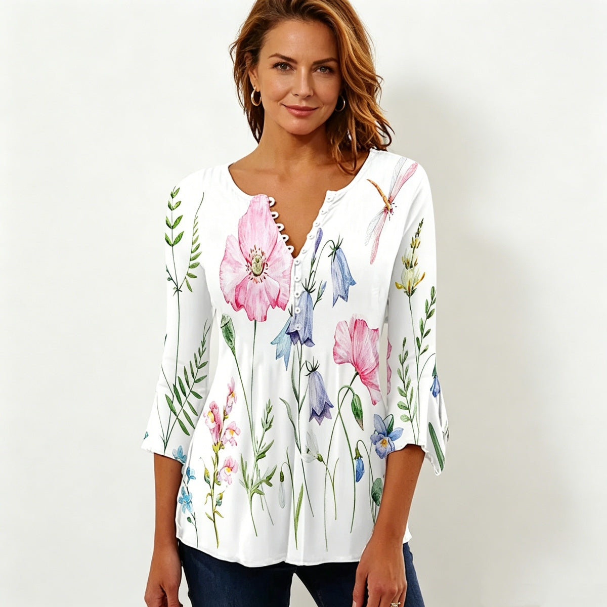 🔥【50% off en toda la tienda！！】🔥【S–5XL】Ropa casual cómoda para mujer: blusa con cuello en V y estampado floral