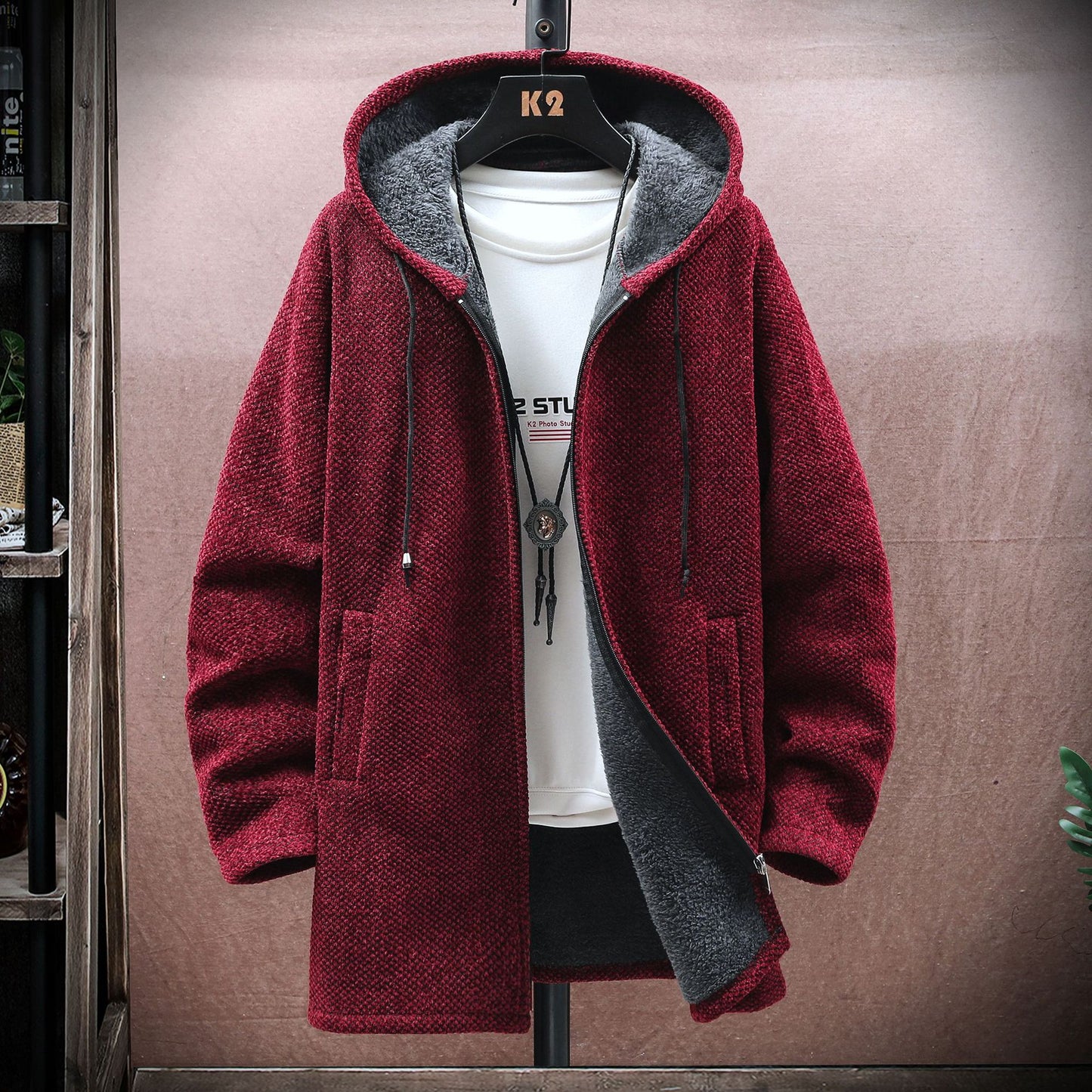 【M-5XL】Męski sweter dzianinowy z kapturem, średniej długości-4177384