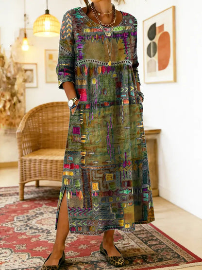 ✨ ¡Último día con un 50 % de descuento! 【S-5XL】 Vestido retro de verano con cuello redondo y estampado; ligero, transpirable, favorecedor y fácil de combinar.