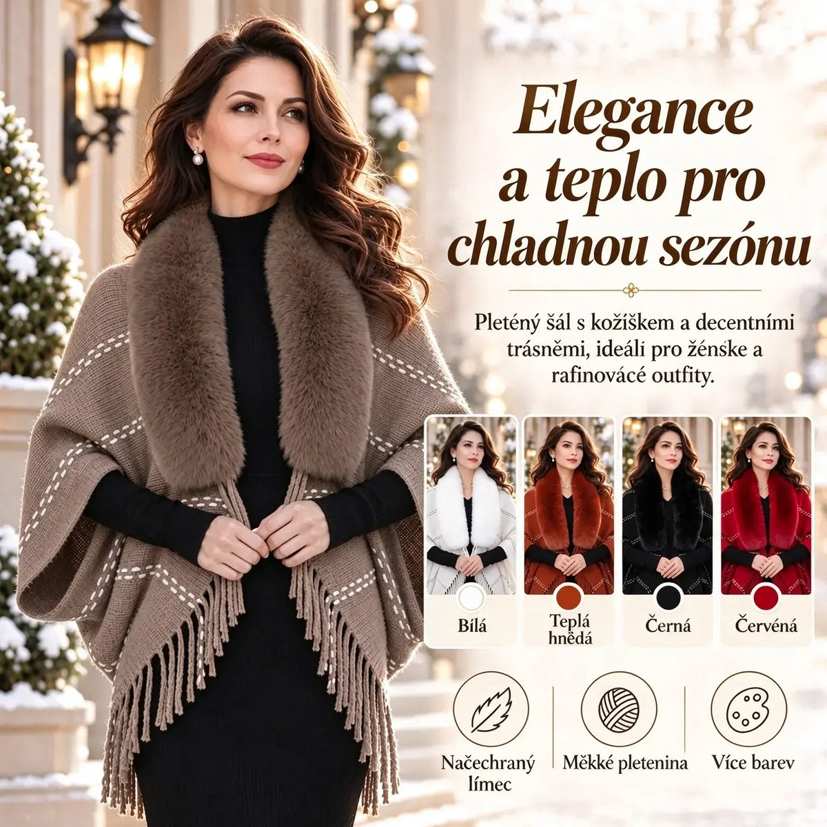 🧣✨ Ženský pletený pončo s kožím límečkem a třásněmi, teplý podzimní a zimní šál, volný střih, tvaruje postavu ✨