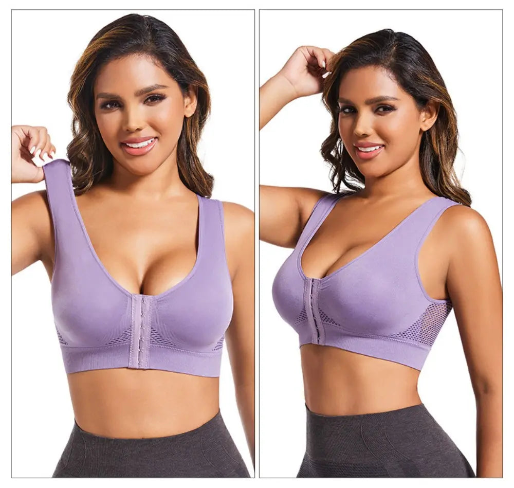 🧘‍♀️👙【Kupte 2, 1 dostanete zdarma】【S-6XL】Sportovní podprsenka s předním zapínáním, bez kostic, s push-up efektem a střihem na zádech