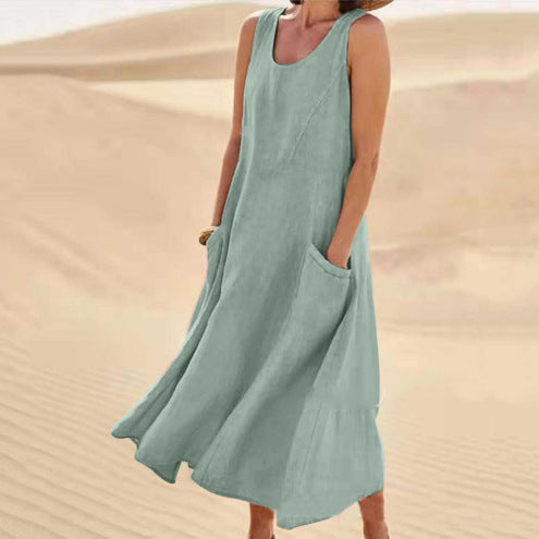 🌈👗【7 barev, S-5XL】💖 Nové elegantní jednobarevné šaty bez rukávů s kulatým výstřihem z bavlny a lnu na léto 2026.