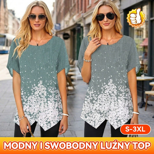 Nowa koszulka z krótkim rękawem, okrągłym dekoltem i rozcięciami u dołu, wykonana z bawełny i lnu, z nadrukiem i dopasowanym krojem-4255669