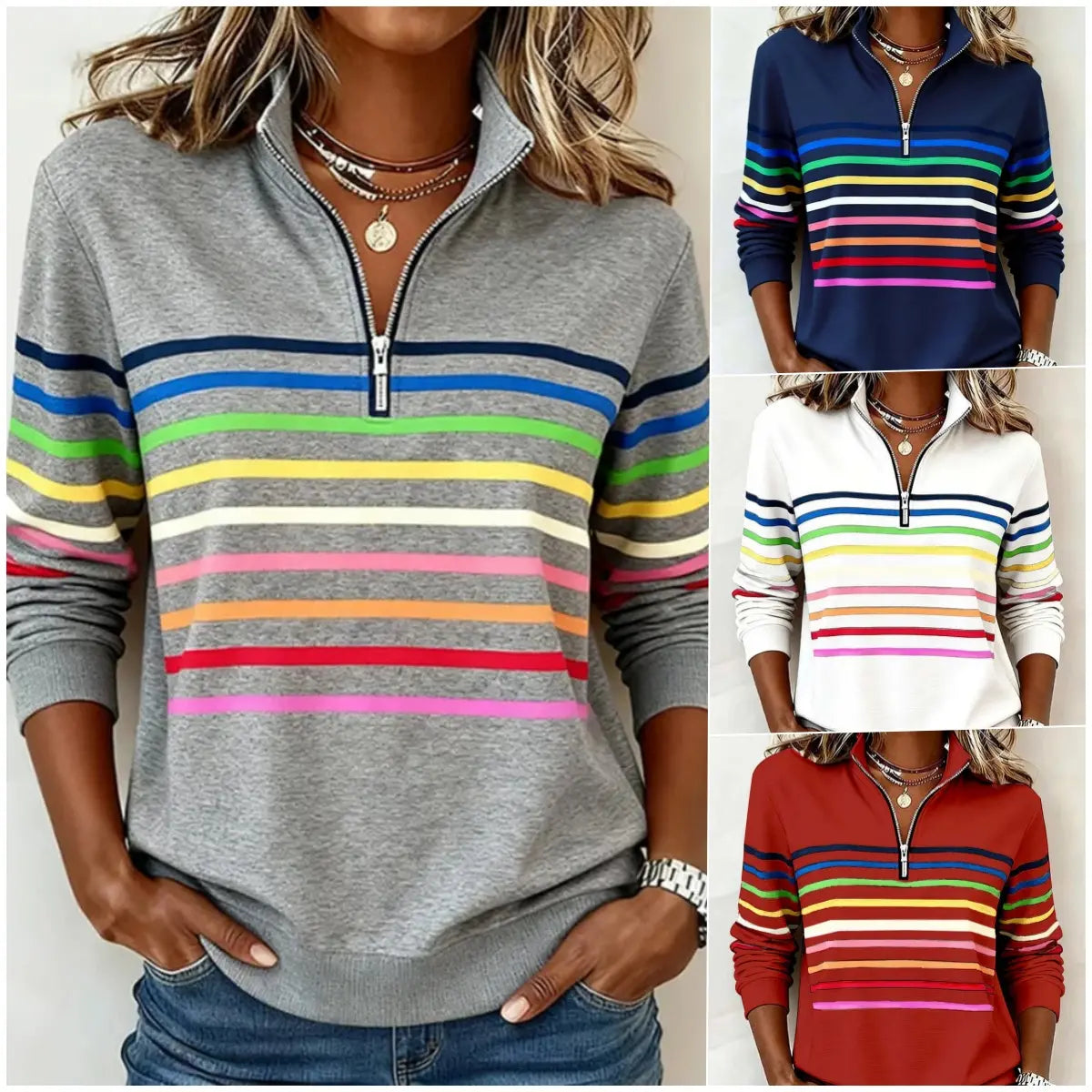 ⏳ Poslední den – sleva 50 % ✨【S–5XL】 Módní volná mikina s duhovými pruhy, límečkem a zipem ✨