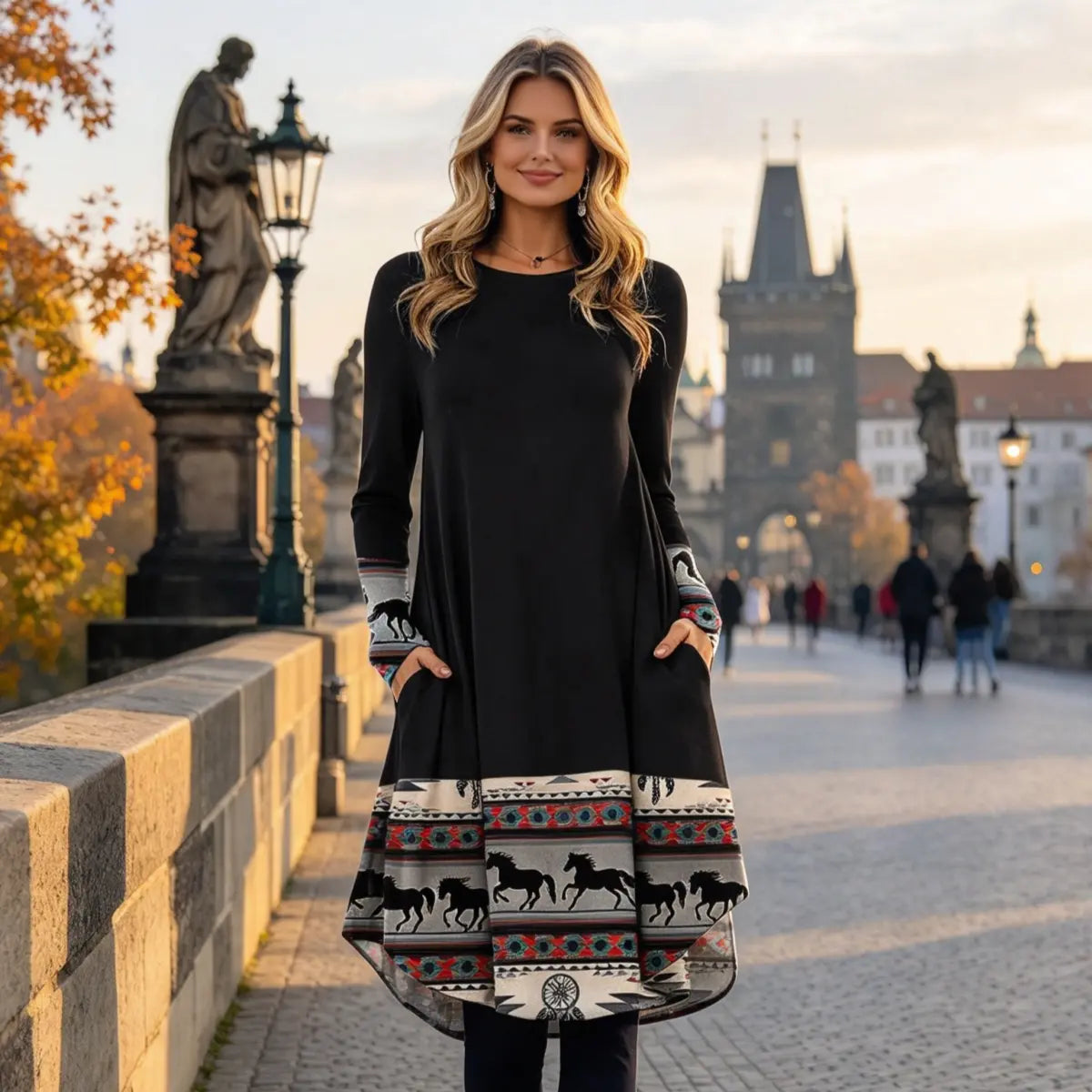 👗Poslední den – sleva 50 %【S–5XL】Dámské podzimní a zimní šaty s retro potiskem ve větších velikostech, lichotivý střih