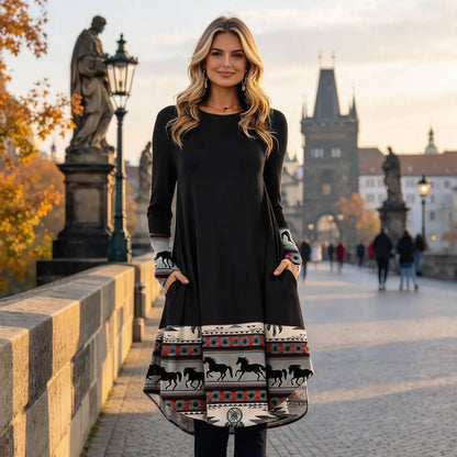 👗Poslední den – sleva 50 %【S–5XL】Dámské podzimní a zimní šaty s retro potiskem ve větších velikostech, lichotivý střih