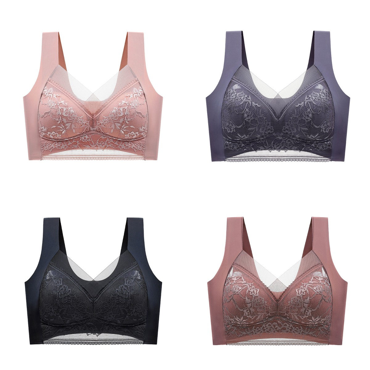 🥰【1 komplet 4 sztuki】👙【40-110 KG】Damski wygodny, bezszwowy koronkowy biustonosz