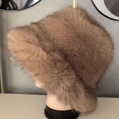 Ciepła damska czapka jesienno-zimowa z dużym rondem i kopułą, futro z lisa-4224357