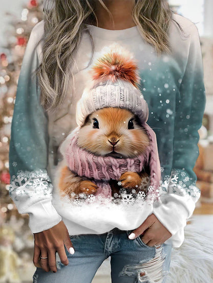 💖 Zimní akce 💖 Dámská zimní mikina s kulatým výstřihem a roztomilým potiskem zajíčka