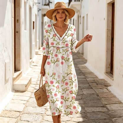Új 👗【S-3XL】Nyári V-nyakú, mintás pamut-len hosszú ruha