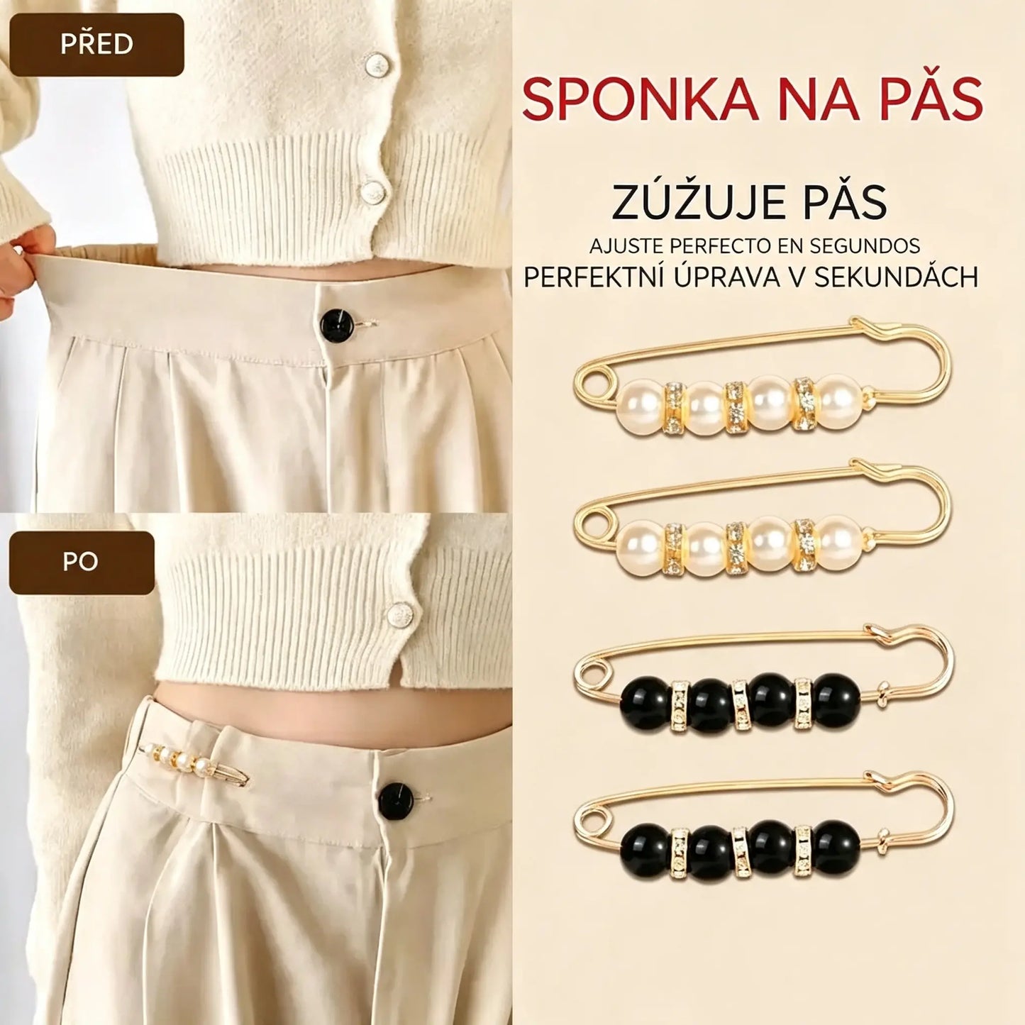 👍1 sada 13 kusů✨Perlová spona na zúžení pasu kalhot – bez šití, rychlá úprava velikosti