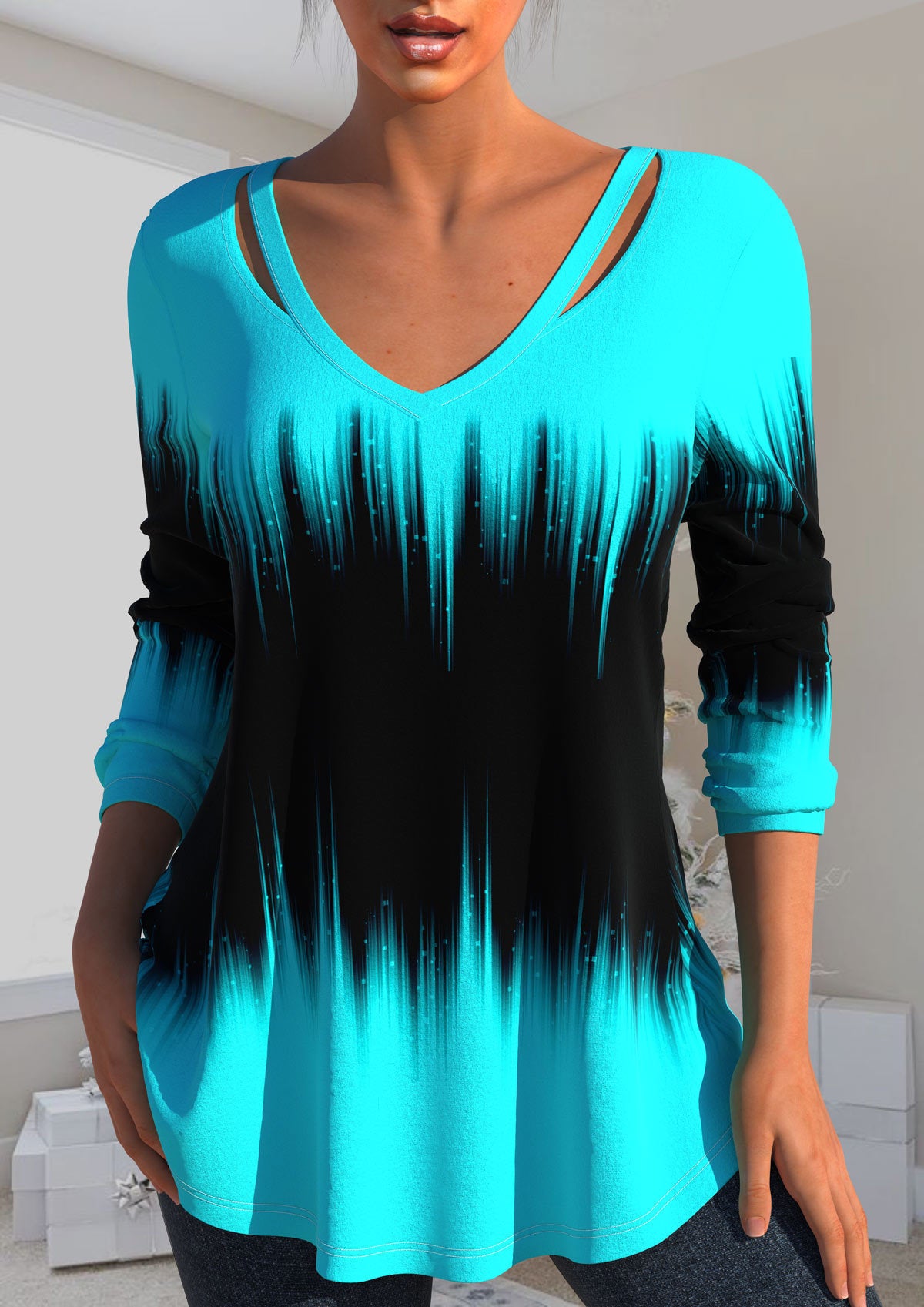 🔥【S-3XL】2025 Top z dekoltem w szpic i długim rękawem z nadrukiem-3986157