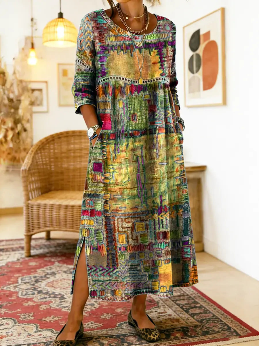 ✨ ¡Último día con un 50 % de descuento! 【S-5XL】 Vestido retro de verano con cuello redondo y estampado; ligero, transpirable, favorecedor y fácil de combinar.