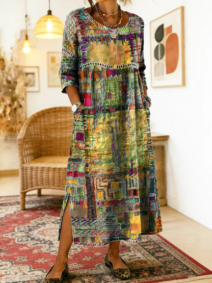 ✨ ¡Último día con un 50 % de descuento! 【S-5XL】 Vestido retro de verano con cuello redondo y estampado; ligero, transpirable, favorecedor y fácil de combinar.