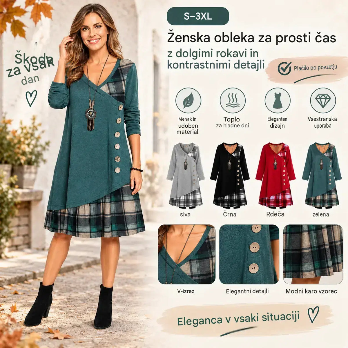 🍁【S-3XL🔥】Ženska sproščena obleka z dolgimi rokavi in kontrastnimi detajli